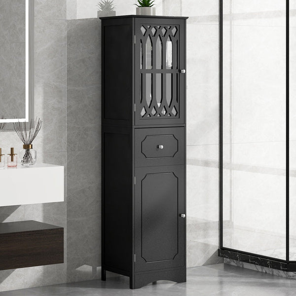 English Elm Tall Bathroom Cabinet Slim Freestanding Storage with Drawer & Doors, Adjustable Shelves, MDF Build Black WF289427AAB