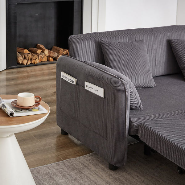 English Elm FX'' 66 Inch Sleeper Sofa Bed 3-in-1 Convertible Pullout Sofa with Plush Corduroy, 4 Pillows, Pockets Grey W1926S00059