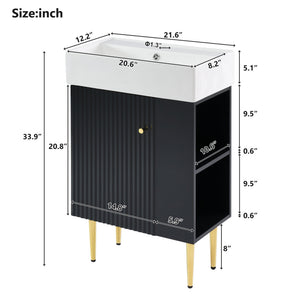 English Elm 21.6" Black Modern Bathroom Vanity with Ceramic Sink, Right Side Storage, Gold Legs & Soft-Close Doors SV000006AAB