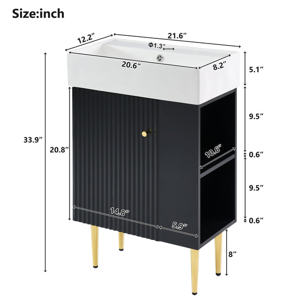 English Elm 21.6" Black Modern Bathroom Vanity with Ceramic Sink, Right Side Storage, Gold Legs & Soft-Close Doors SV000006AAB