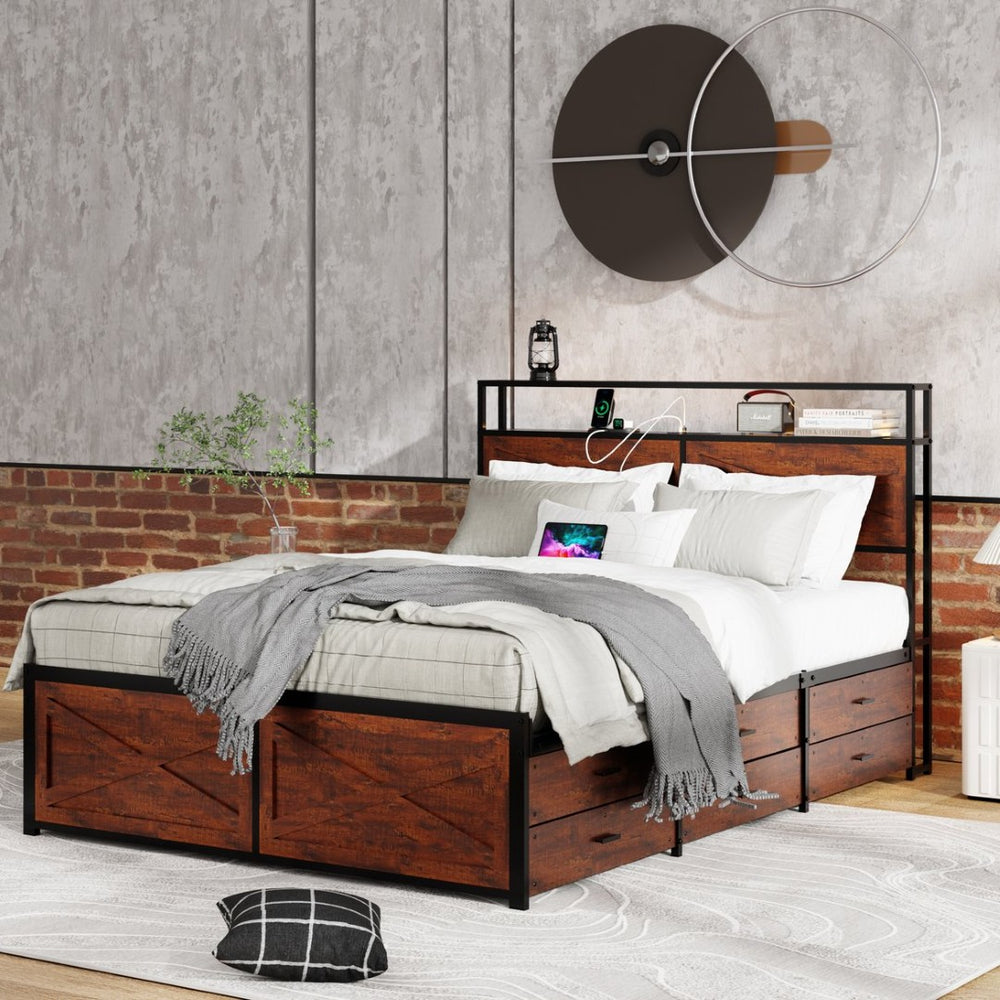 English Elm Queen Metal Platform Bed with 12 Storage Drawers Bookcase Headboard and Rgb Lighting W636S00010