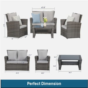 English Elm 4-piece Outdoor Wicker Conversation Set with Tempered Glass Table and Resort Style Grey+Brown B082S00059