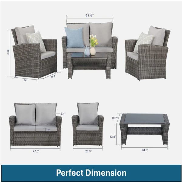 English Elm 4-piece Outdoor Wicker Conversation Set with Tempered Glass Table and Resort Style Grey+Brown B082S00059