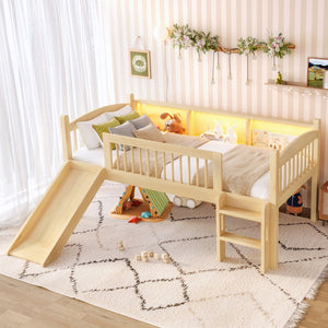 English Elm Twin Low Loft Bed Solid Pine Frame with Built-in Led Lighting and Storage Shelves Natural W1580P395930