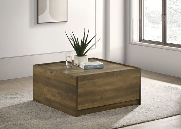English Elm Travon Oak Finish Modern Square Coffee Table with Raised Lip Top, 2 Handleless Drawers for Storage B061P236762