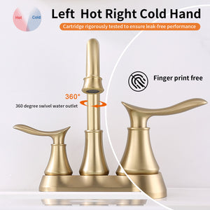 English Elm 2-Handle Brushed Gold Bathroom Faucet - Modern 4-Inch Vanity Sink Mixer With Pop-Up Drain & Hoses T3177P277470