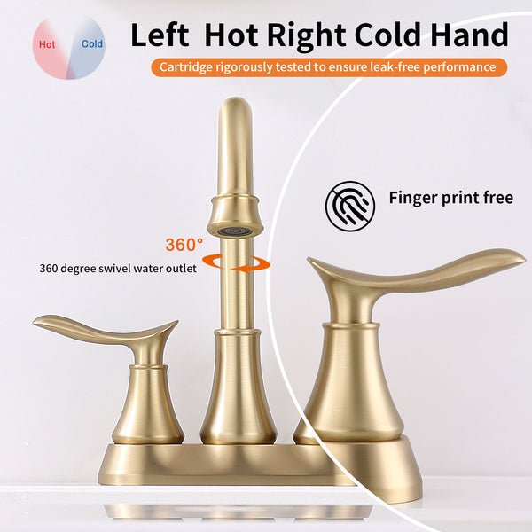 English Elm 2-Handle Brushed Gold Bathroom Faucet - Modern 4-Inch Vanity Sink Mixer With Pop-Up Drain & Hoses T3177P277470
