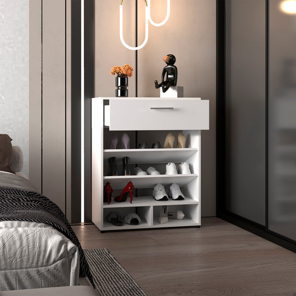 English Elm Shoe Storage Cabinet with Door and 5 Shelves, White Engineered Wood, Compact Modern Design, Stable Legs B097P296824