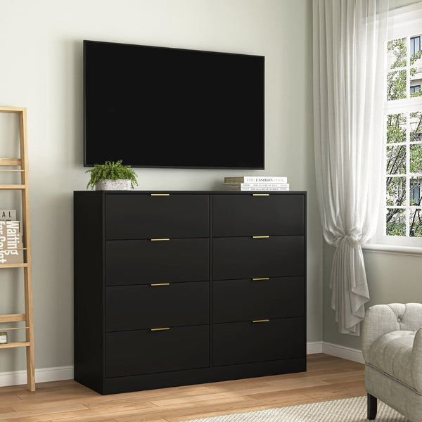 English Elm 8 Drawer Tall Chest Slim Particleboard Build Smooth Gliding Storage for Bedroom Closet Black W409S00027