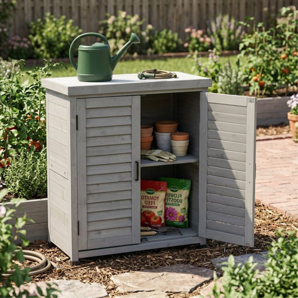 English Elm Potting Bench Solid Wood Workstation with Metal Top Louvered Cabinet Outdoor Garden Grey W2640P228394