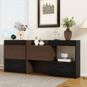 English Elm Set of 2 Extendable Rotating Storage Cabinets 32.5"-58.8" W, Black & Walnut Modern Buffet Sideboard SN845P261744D