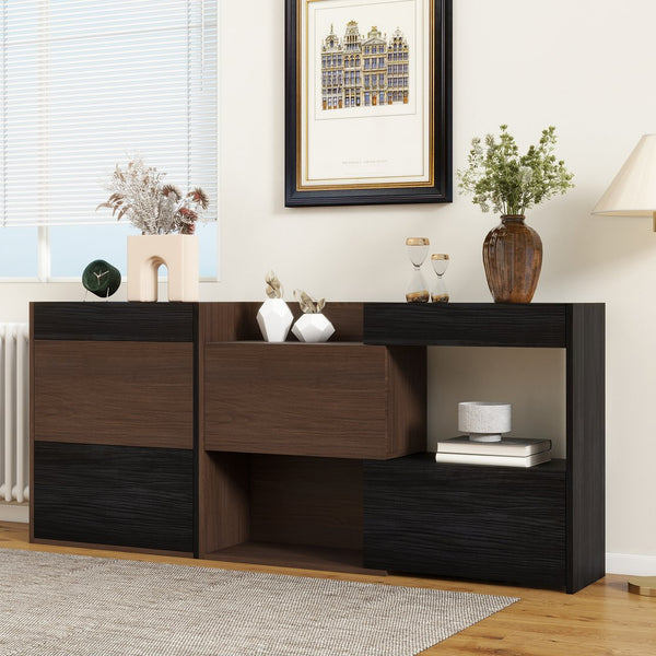 English Elm Set of 2 Extendable Rotating Storage Cabinets 32.5"-58.8" W, Black & Walnut Modern Buffet Sideboard SN845P261744D