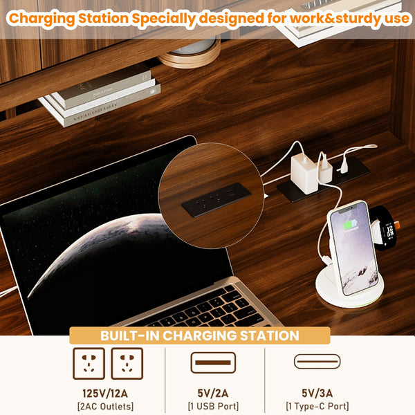 English Elm 47'' Retro Desk with Charging Ports, 5 Drawers & Glass-Door Hutch Cabinet for Home Office Walnut N733S357626D