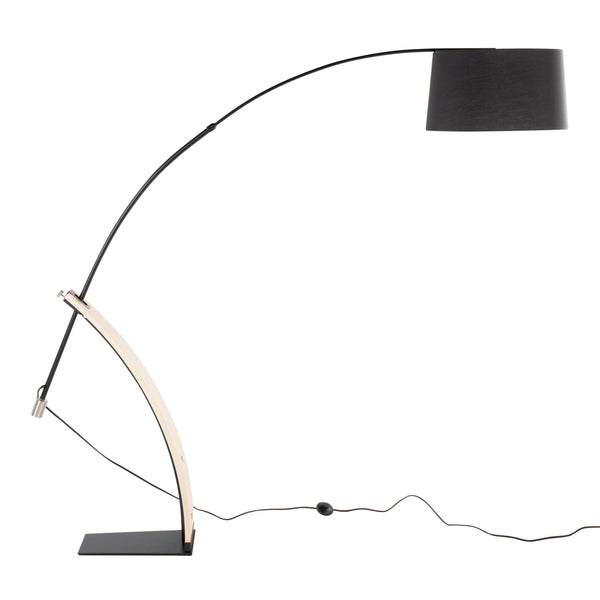 English Elm Robyn Mid-Century Floor Lamp — Arched Black Metal & Natural Bent Wood with Black Linen Shade, LED B202S01381