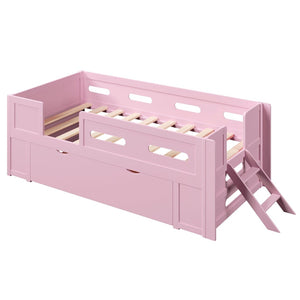 English Elm Wood Twin Platform Bed for Kids with Fence Guardrail and Under Storage Drawer Pink N709P385777H