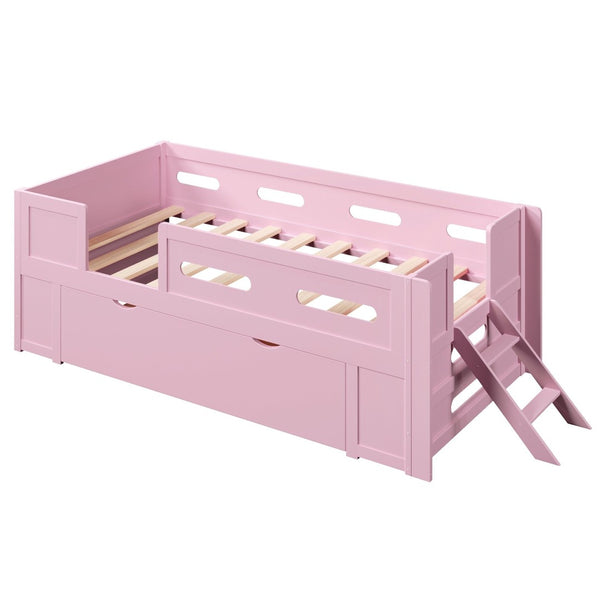 English Elm Wood Twin Platform Bed for Kids with Fence Guardrail and Under Storage Drawer Pink N709P385777H