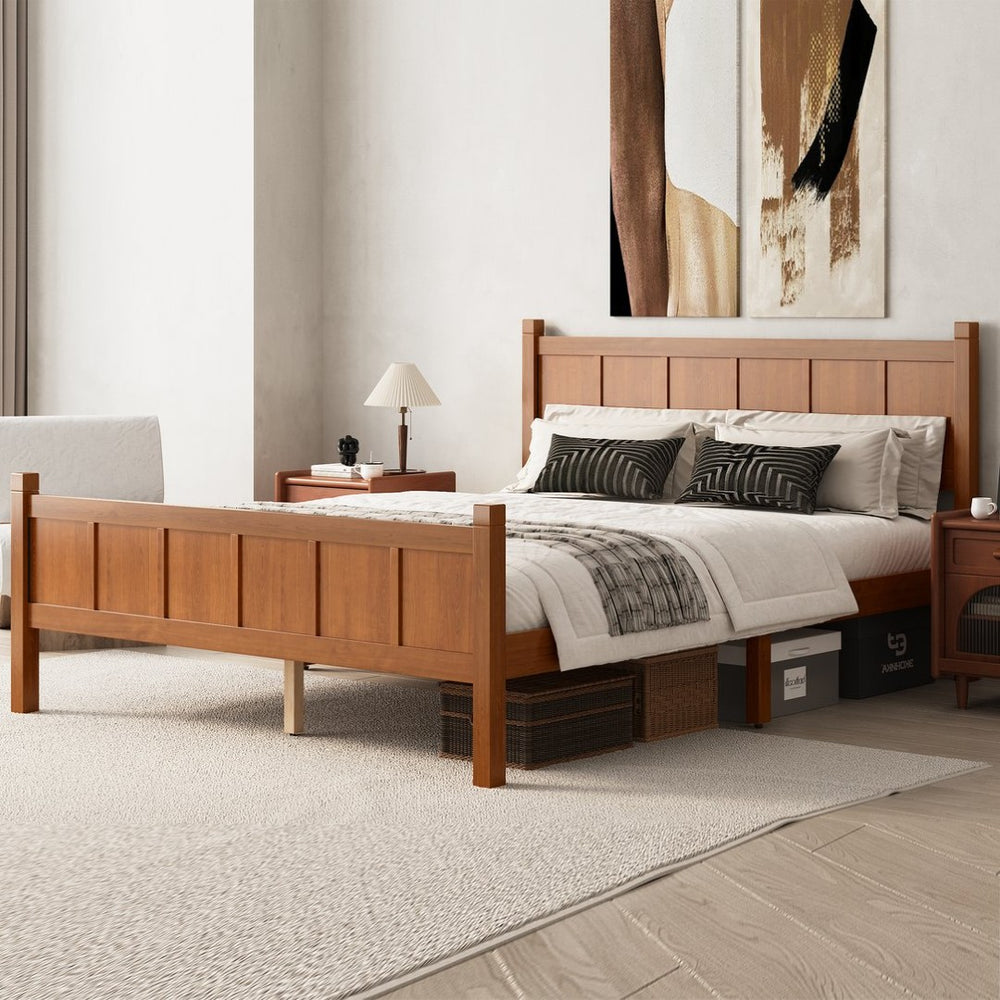 English Elm Queen Platform Bed Shaker Farmhouse Style with Vertical Slat Headboard and Wood Grain Finish Walnut N733P422480D