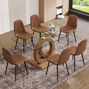 English Elm 1 Stylish Rectangular Dining Table With 6 Brown Chairs - Clear Glass Top & Modern Mdf Base Set W1151S04024