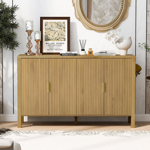 English Elm U_style Striped Four Door Sideboard Mdf Buffet Cabinet with Adjustable Shelves for Dining Natural N711P345170O