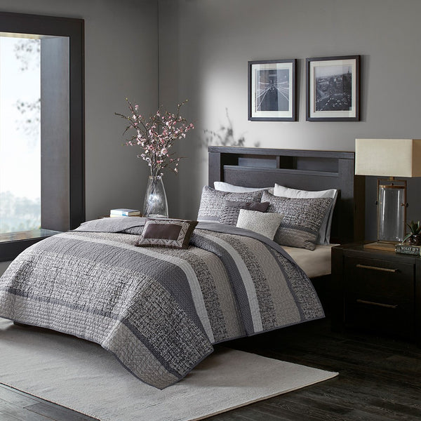 English Elm 6 Piece Reversible Jacquard Quilt Set with Embroidered Decorative Pillows, Chic Stripe Design Grey+Taupe 23.03 L x 17.91 W x 11.42 H B03597478