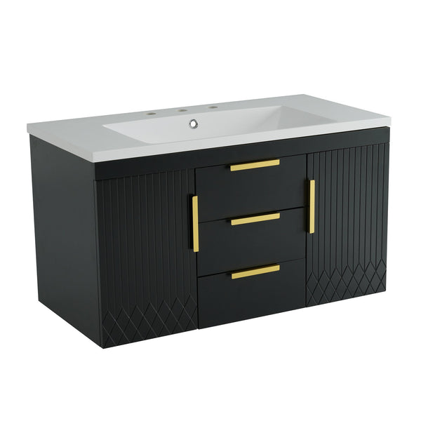English Elm 72'' Wall Mounted Bathroom Vanity with 4 Drawers & Double Cabinets, Waterproof MDF, Smooth Slide Rails Black N710SS00009B