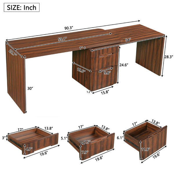 English Elm 90" Rotating L-shape Executive Desk Natural Melamine Mdf Surface Three Drawers Home Office Walnut N751S383638W