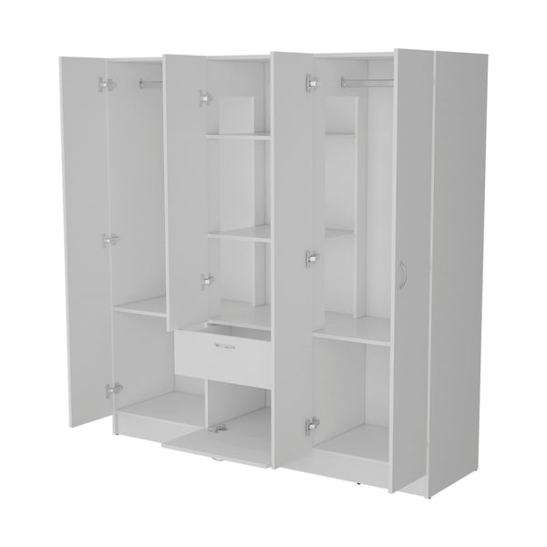 English Elm White 6-Door Wardrobe with Shelf and Drawer — Spacious White Storage Armoire with Drawers, Timeless Design B062S00628