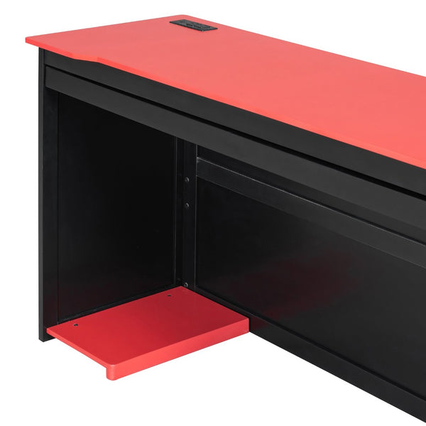 English Elm Full Size Wood Platform Daybed with Trundle Desk Rgb Led Lighting Gaming Bedroom Black+Red LT000284AAR