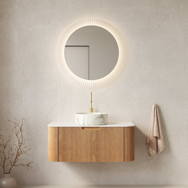 English Elm Dina Floating Bathroom Vanity Sintered Stone Top Glass Basin Striped Plywood Cabinet W2615S00441