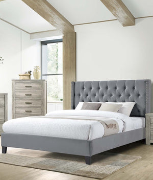 English Elm Full Size Gray Velvet Platform Bed Diamond Tufted Upholstered Headboard Nailhead Trim B011S02056