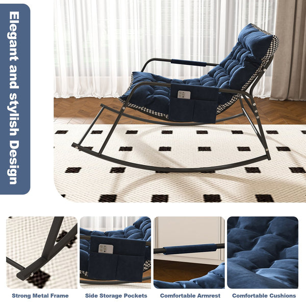 English Elm Rocking Ergonomic Lounge Recliner with Storage & Cushions, All-Weather Breathable Comfort for Patio Blue W2699P324194