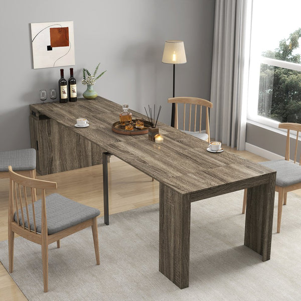 English Elm Modern Expandable Dining Table with Built-In Outlet, 5-Panel Extendable Space-Saving Design for Gatherings Brown W331S00192