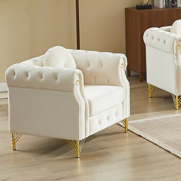 English Elm Velvet Tufted Chesterfield Sofa with Copper Stud Trim and Gold Metal Legs Beige W834P423608
