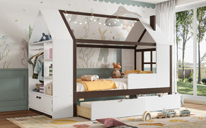 English Elm Twin House Frame Bed Pine Wood with Storage Drawers and Shelves for Kids Bedroom W1580S00573