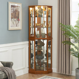 English Elm 6 Shelf Corner Curio Cabinet with Interior Lighting, Mirrored Back, Glass Shelves for Displays Oak W1693P165029