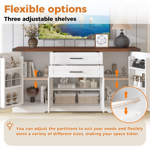 English Elm 63" Farmhouse Barn Door Storage Cabinet with Anti-Tip Safety, Quiet Drawers, Adjustable Shelf & Metal Handles White W2917P319121