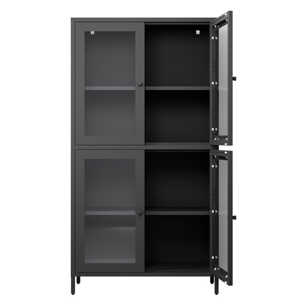 English Elm Classic Metal Storage Cabinet With 4 Glass Doors, Adjustable Shelves For Home & Office – Black Finish W2378P176372