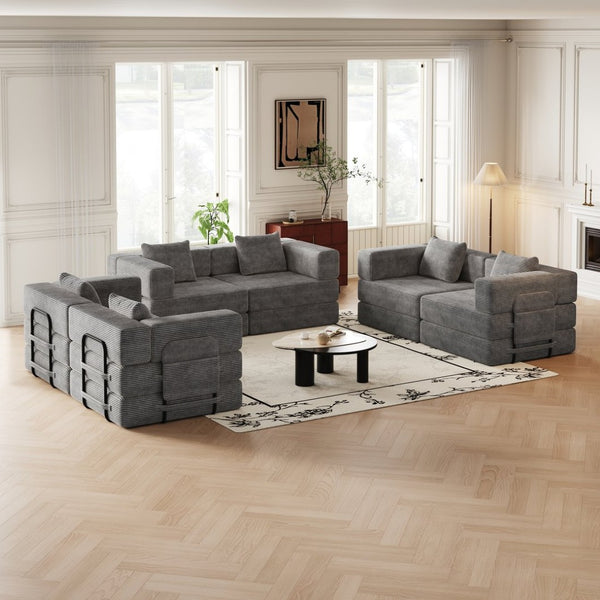 English Elm 6 Seater Corduroy Floor Sofa Bed with Storage Pockets for Living Room or Bedroom W3505S00021