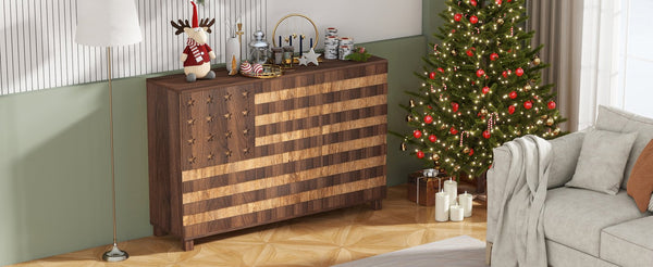 English Elm 55" Walnut Buffet Sideboard Cabinet with Hand-Carved Detail, 2 Drawers, 3 Doors, Adjustable Shelves, Anti-Tip Safety W2977P294024