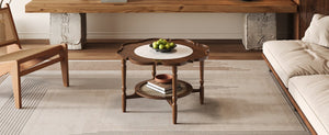 English Elm Mid-Century Petal Coffee Table with Walnut & Rattan, 2-Tier Glass Top, Vintage Small-Space Charm N735P291422D
