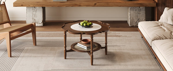 English Elm Mid-Century Petal Coffee Table with Walnut & Rattan, 2-Tier Glass Top, Vintage Small-Space Charm N735P291422D