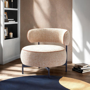 English Elm Light swivel chair in light brown fabric with white welt, curved backrest, metal legs, 360° swivel, 31.5"W B2741P390564