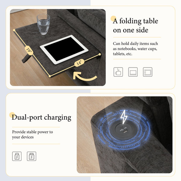 English Elm 130" Modular Sectional Sofa with Folding Table, Dual USB Charging, Hidden Side Pockets, Chenille Comfort Charcoal N723S9710R