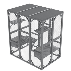 English Elm Outdoor Fir Wood Cat Enclosure Three Tier Six Platform Habitat with Waterproof Roof W1598P390796