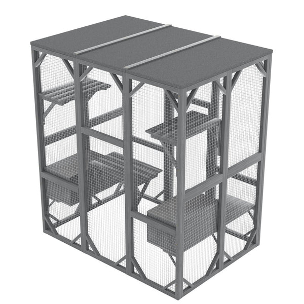 English Elm Outdoor Fir Wood Cat Enclosure Three Tier Six Platform Habitat with Waterproof Roof W1598P390796