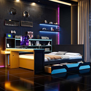 English Elm Queen Gaming Bed Frame with Desk Led Lighting Storage Drawers and Bookcase Headboard Black+Blue LP000290AAC