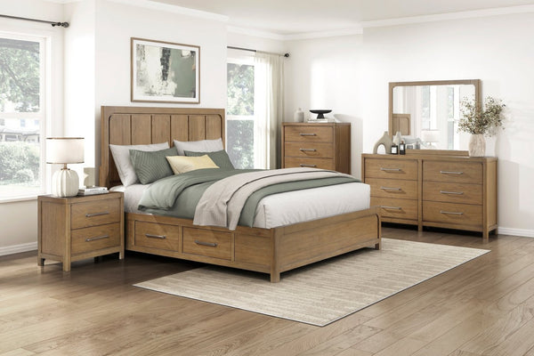 English Elm Light Brown Queen Platform Bed with Four Storage Drawers Hickory Wood Modern Frame B011S02250