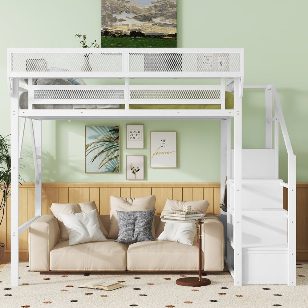 English Elm Full Size Metal Loft Bed with Stair Wardrobe and Shelves for Kids Teen Rooms W2580S00056