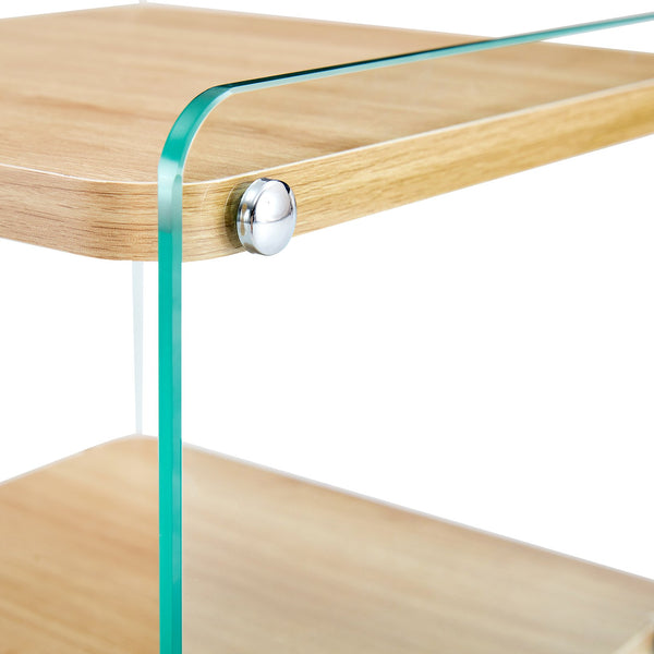 English Elm Three Triple-Layer Bedside Table with MDF Top & Tempered Glass Legs, Storage, Minimalist Warmth W1512P387008