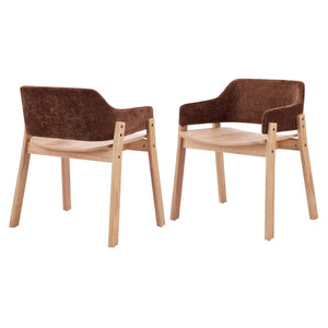 English Elm Upholstered Arm Dining Chairs Brown Fabric Rubberwood Frame Farmhouse Set of 2 N768P391167B